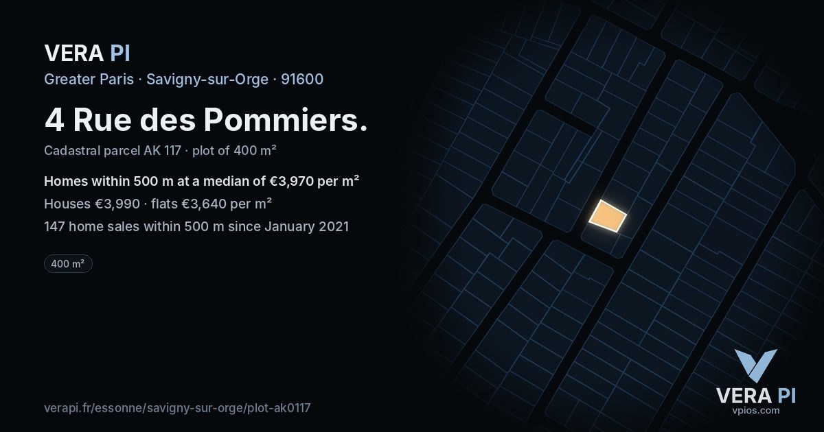 4 Rue des Pommiers, Savigny-sur-Orge at night – the plot lit, the parcels around coloured by the prices near them