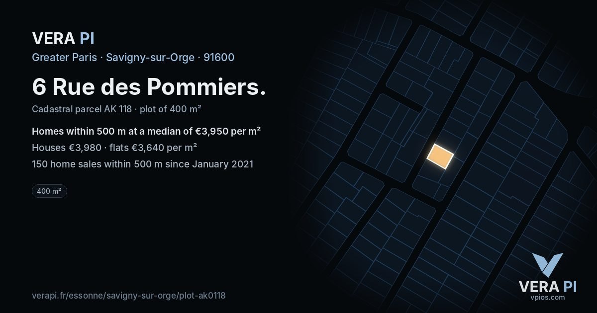 6 Rue des Pommiers, Savigny-sur-Orge at night – the plot lit, the parcels around coloured by the prices near them
