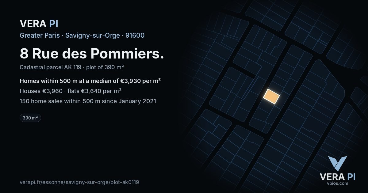 8 Rue des Pommiers, Savigny-sur-Orge at night – the plot lit, the parcels around coloured by the prices near them