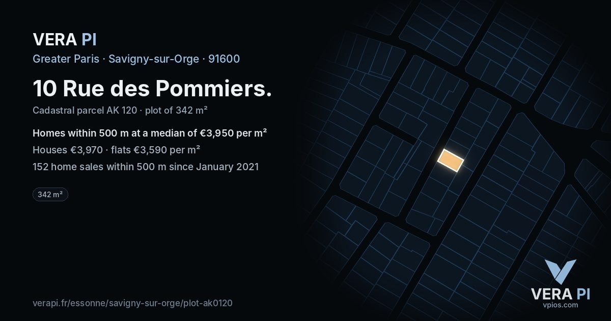 10 Rue des Pommiers, Savigny-sur-Orge at night – the plot lit, the parcels around coloured by the prices near them