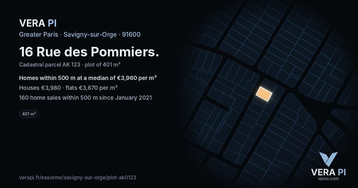 16 Rue des Pommiers, Savigny-sur-Orge at night – the plot lit, the parcels around coloured by the prices near them