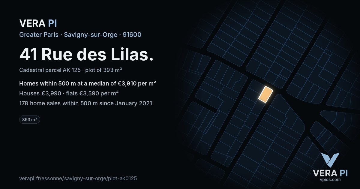 41 Rue des Lilas, Savigny-sur-Orge at night – the plot lit, the parcels around coloured by the prices near them