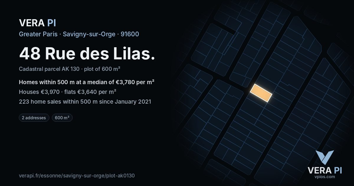 48 Rue des Lilas, Savigny-sur-Orge at night – the plot lit, the parcels around coloured by the prices near them