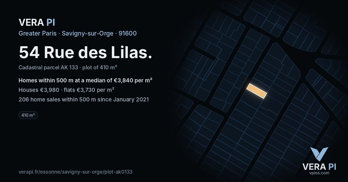 54 Rue des Lilas, Savigny-sur-Orge at night – the plot lit, the parcels around coloured by the prices near them