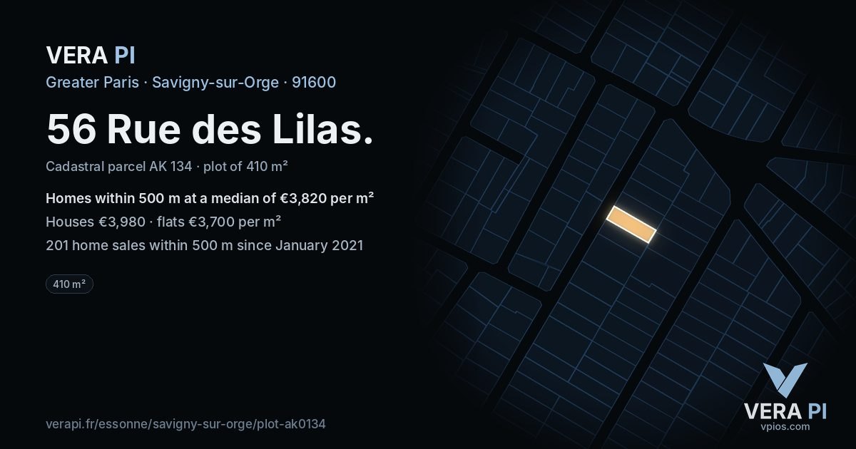 56 Rue des Lilas, Savigny-sur-Orge at night – the plot lit, the parcels around coloured by the prices near them