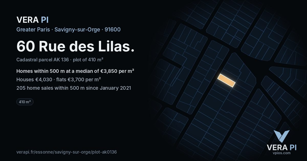 60 Rue des Lilas, Savigny-sur-Orge at night – the plot lit, the parcels around coloured by the prices near them