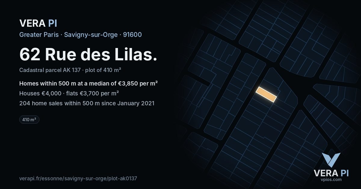62 Rue des Lilas, Savigny-sur-Orge at night – the plot lit, the parcels around coloured by the prices near them