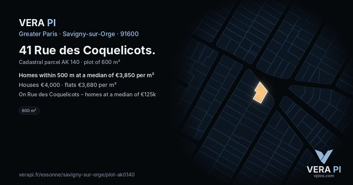 41 Rue des Coquelicots, Savigny-sur-Orge at night – the plot lit, the parcels around coloured by the prices near them