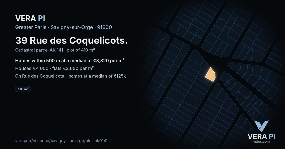 39 Rue des Coquelicots, Savigny-sur-Orge at night – the plot lit, the parcels around coloured by the prices near them