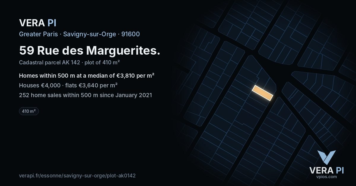59 Rue des Marguerites, Savigny-sur-Orge at night – the plot lit, the parcels around coloured by the prices near them