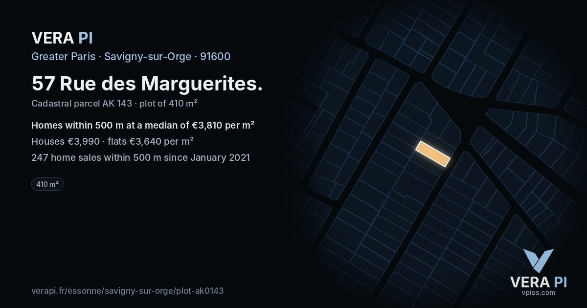 57 Rue des Marguerites, Savigny-sur-Orge at night – the plot lit, the parcels around coloured by the prices near them