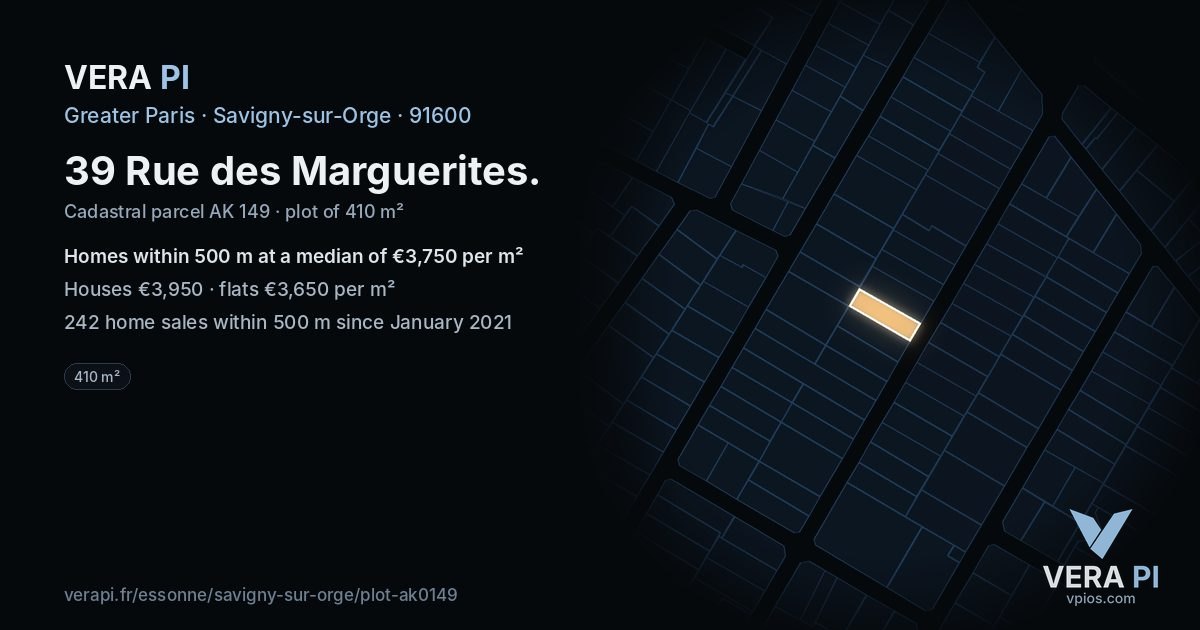 39 Rue des Marguerites, Savigny-sur-Orge at night – the plot lit, the parcels around coloured by the prices near them