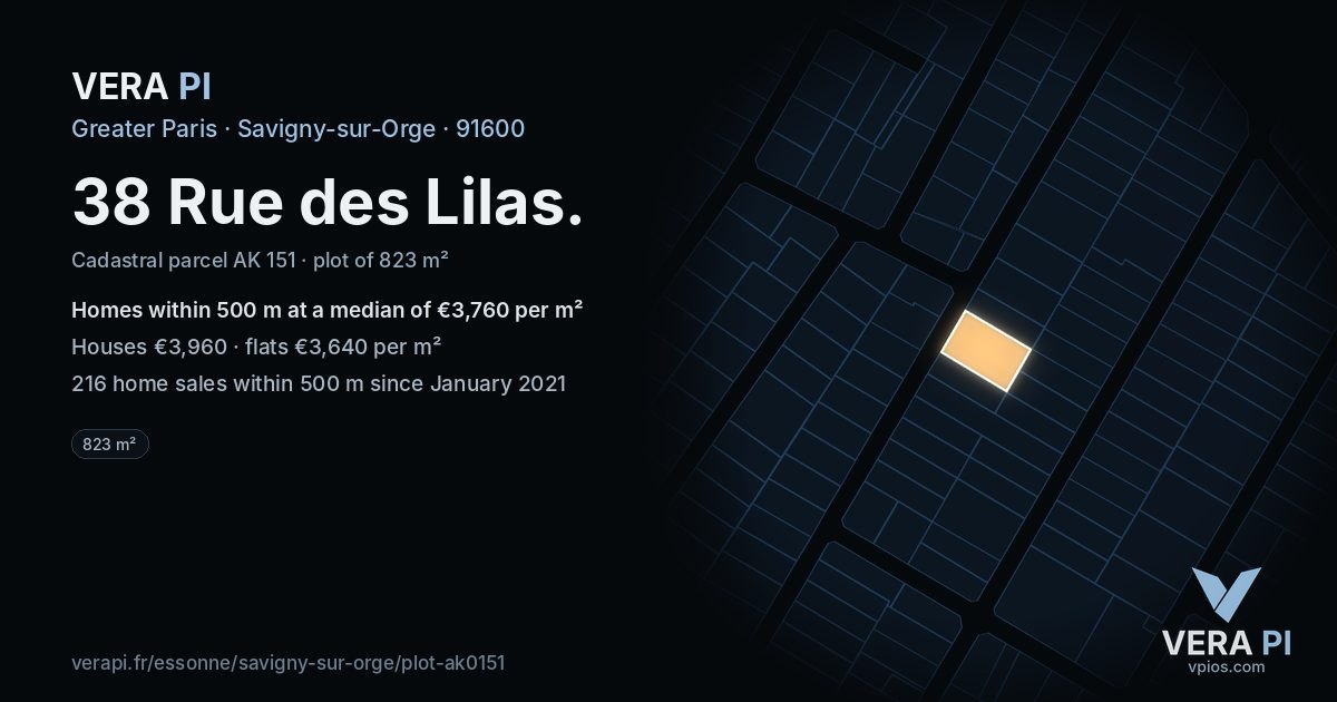 38 Rue des Lilas, Savigny-sur-Orge at night – the plot lit, the parcels around coloured by the prices near them