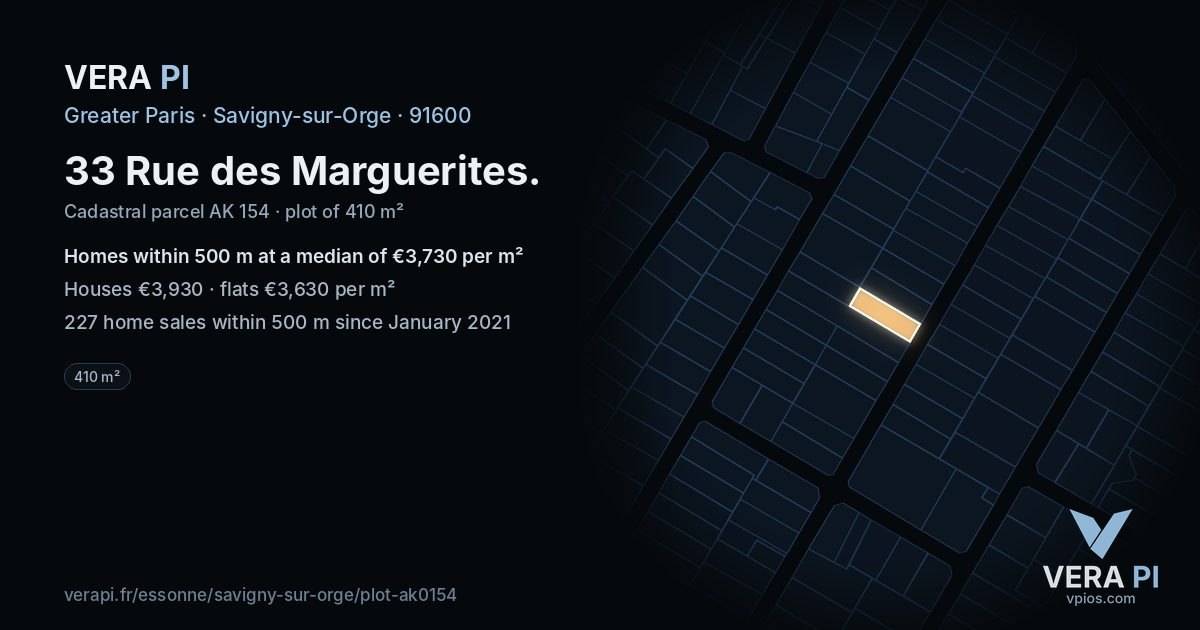 33 Rue des Marguerites, Savigny-sur-Orge at night – the plot lit, the parcels around coloured by the prices near them