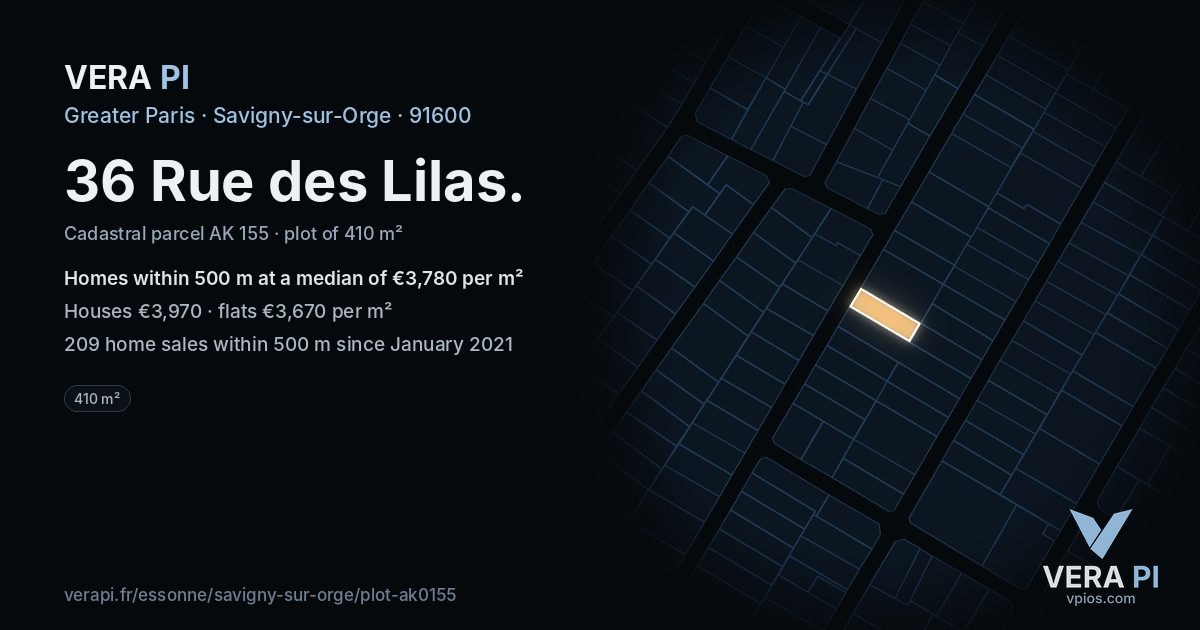 36 Rue des Lilas, Savigny-sur-Orge at night – the plot lit, the parcels around coloured by the prices near them
