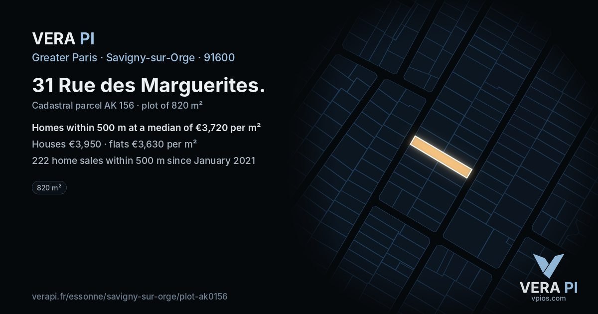 31 Rue des Marguerites, Savigny-sur-Orge at night – the plot lit, the parcels around coloured by the prices near them