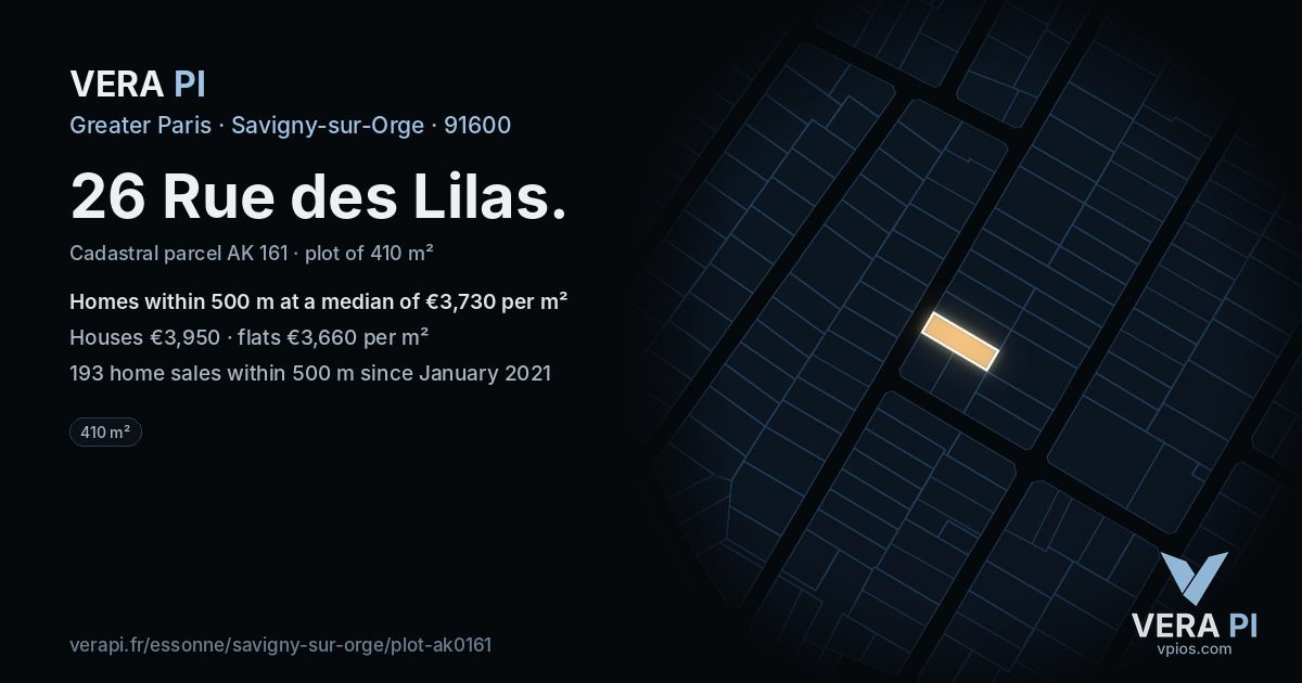26 Rue des Lilas, Savigny-sur-Orge at night – the plot lit, the parcels around coloured by the prices near them