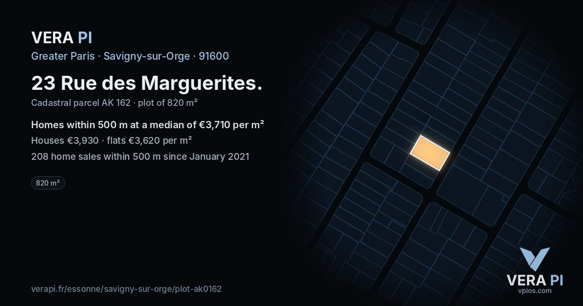 23 Rue des Marguerites, Savigny-sur-Orge at night – the plot lit, the parcels around coloured by the prices near them