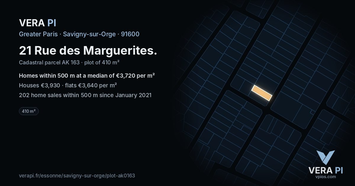 21 Rue des Marguerites, Savigny-sur-Orge at night – the plot lit, the parcels around coloured by the prices near them