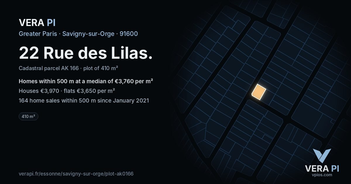 22 Rue des Lilas, Savigny-sur-Orge at night – the plot lit, the parcels around coloured by the prices near them
