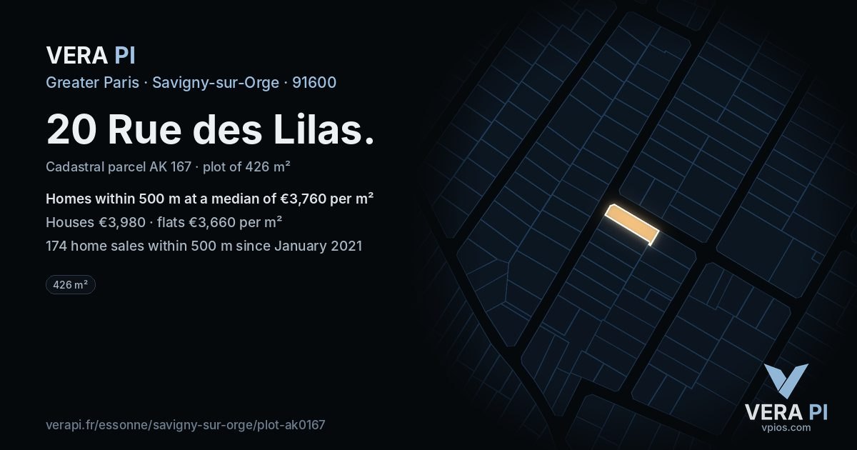 20 Rue des Lilas, Savigny-sur-Orge at night – the plot lit, the parcels around coloured by the prices near them