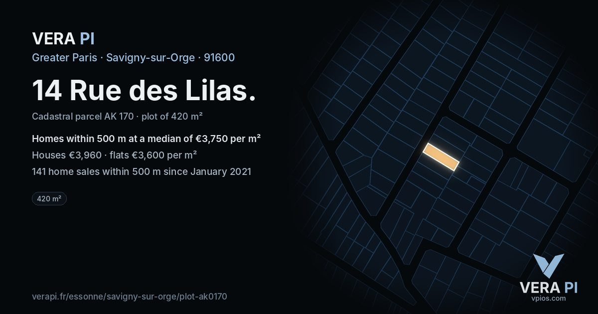 14 Rue des Lilas, Savigny-sur-Orge at night – the plot lit, the parcels around coloured by the prices near them
