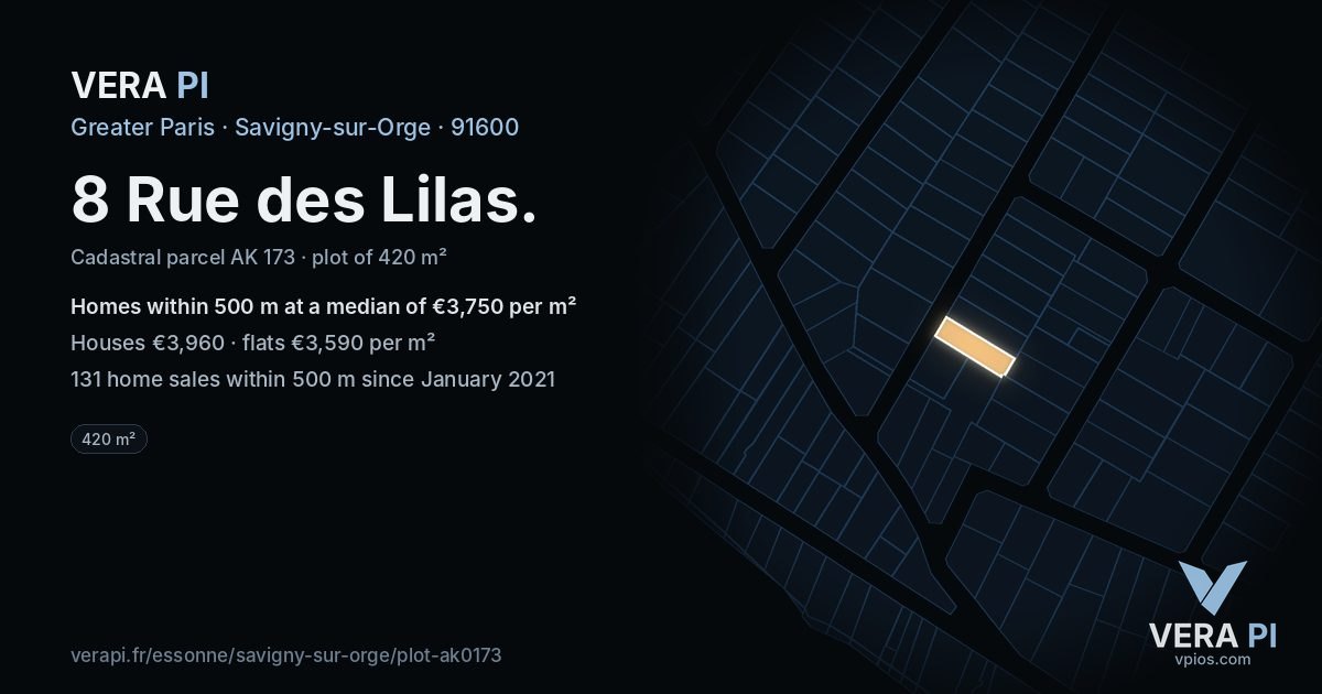 8 Rue des Lilas, Savigny-sur-Orge at night – the plot lit, the parcels around coloured by the prices near them