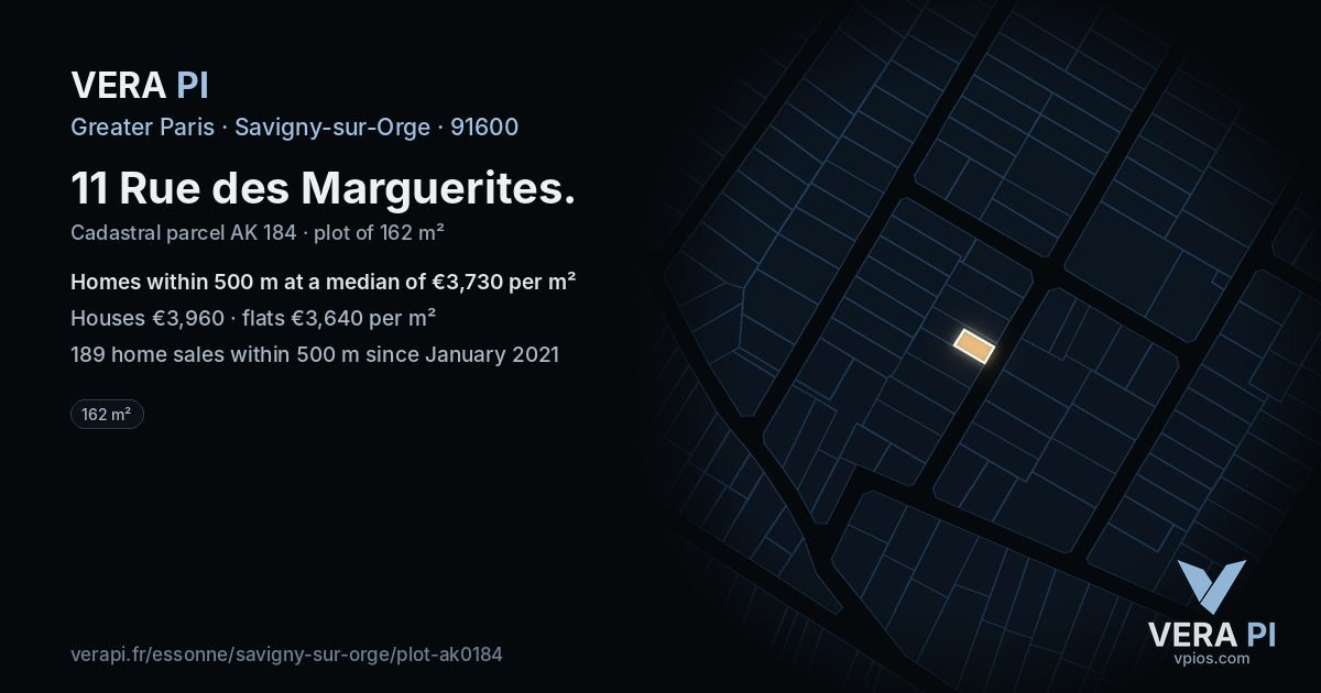 11 Rue des Marguerites, Savigny-sur-Orge at night – the plot lit, the parcels around coloured by the prices near them