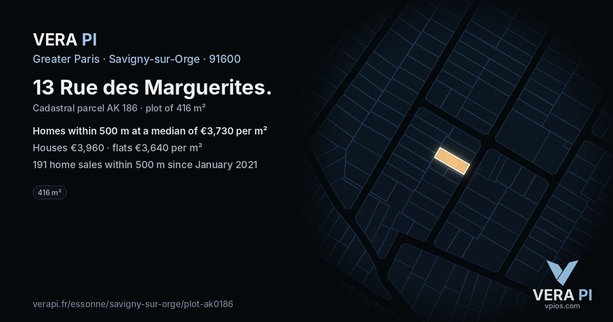 13 Rue des Marguerites, Savigny-sur-Orge at night – the plot lit, the parcels around coloured by the prices near them