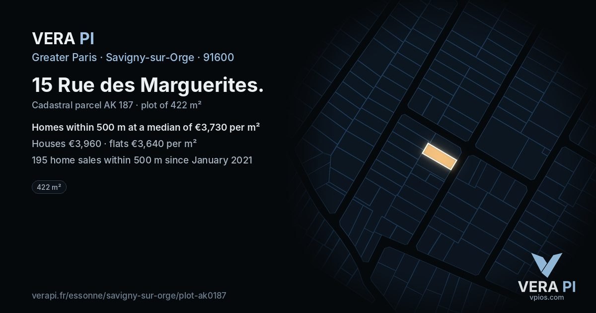 15 Rue des Marguerites, Savigny-sur-Orge at night – the plot lit, the parcels around coloured by the prices near them