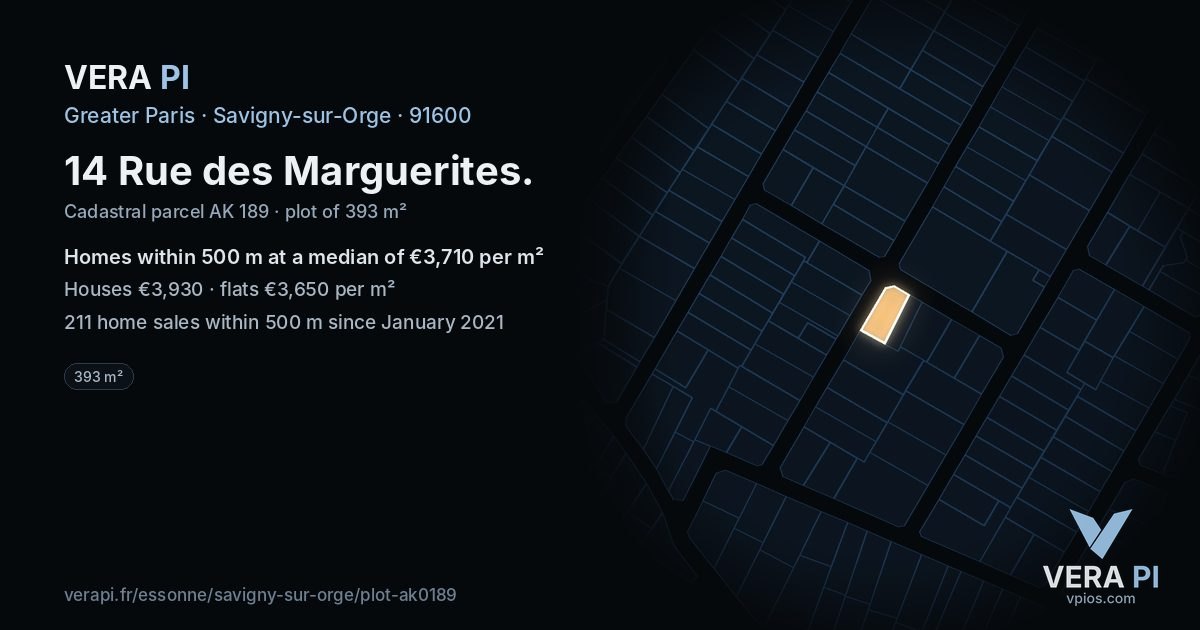 14 Rue des Marguerites, Savigny-sur-Orge at night – the plot lit, the parcels around coloured by the prices near them