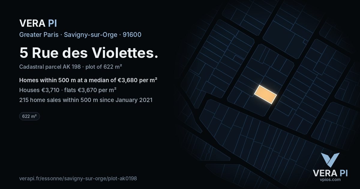 5 Rue des Violettes, Savigny-sur-Orge at night – the plot lit, the parcels around coloured by the prices near them
