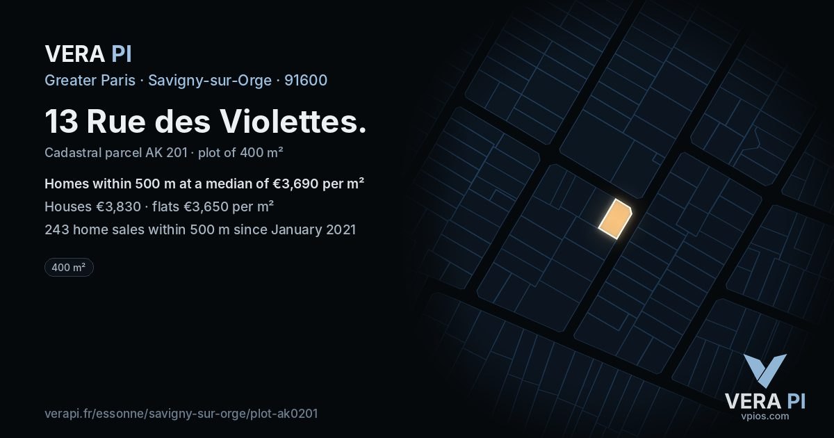 13 Rue des Violettes, Savigny-sur-Orge at night – the plot lit, the parcels around coloured by the prices near them