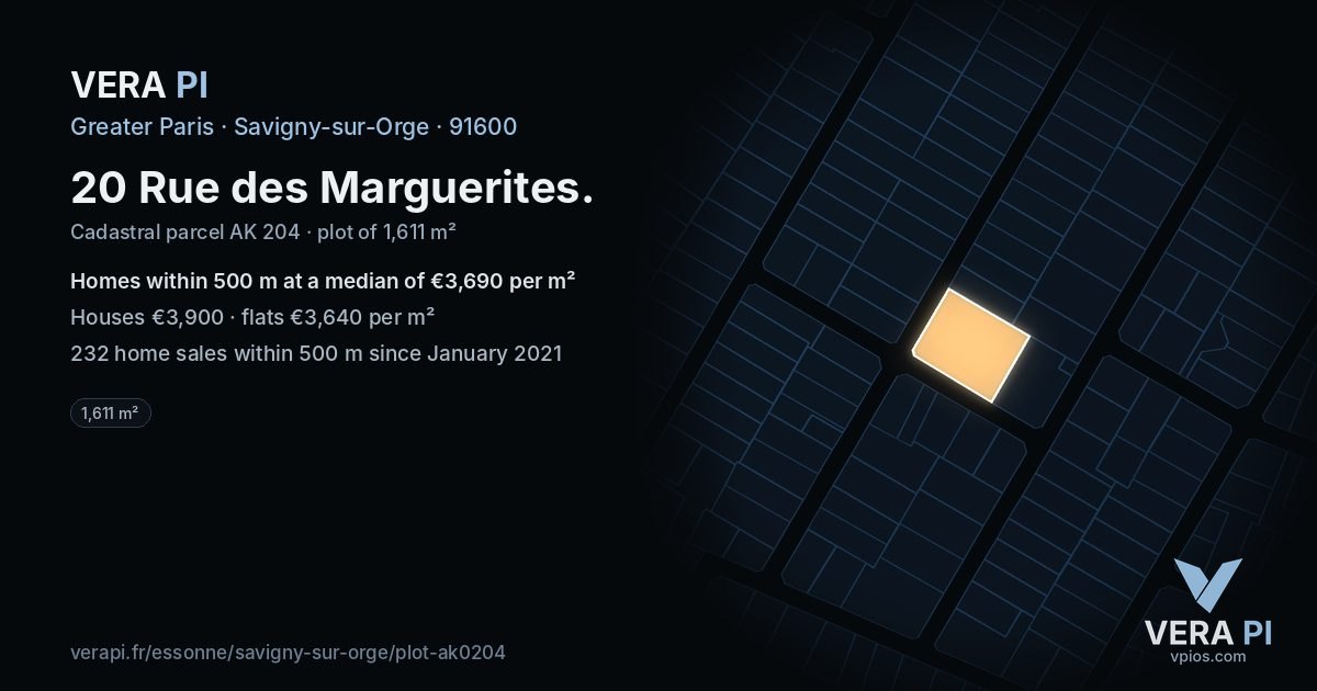 20 Rue des Marguerites, Savigny-sur-Orge at night – the plot lit, the parcels around coloured by the prices near them