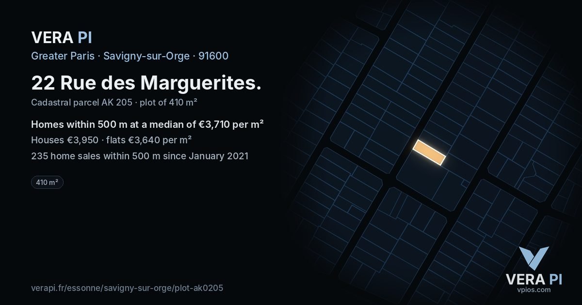 22 Rue des Marguerites, Savigny-sur-Orge at night – the plot lit, the parcels around coloured by the prices near them