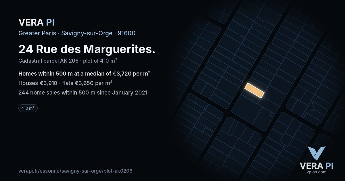 24 Rue des Marguerites, Savigny-sur-Orge at night – the plot lit, the parcels around coloured by the prices near them