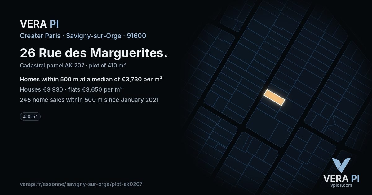 26 Rue des Marguerites, Savigny-sur-Orge at night – the plot lit, the parcels around coloured by the prices near them