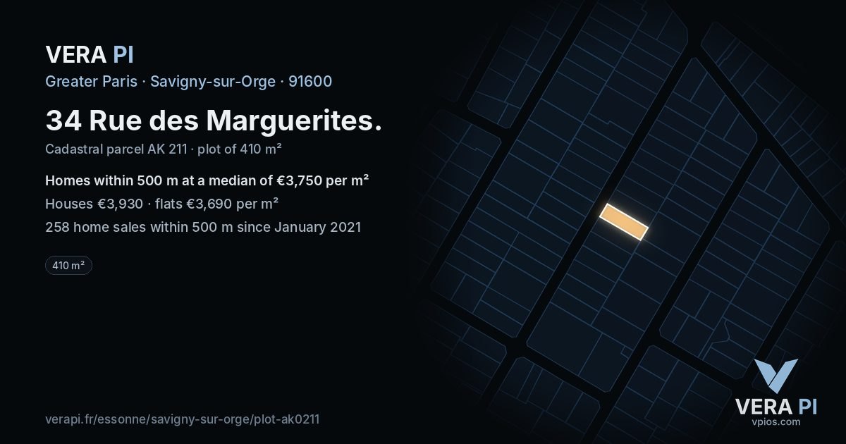 34 Rue des Marguerites, Savigny-sur-Orge at night – the plot lit, the parcels around coloured by the prices near them