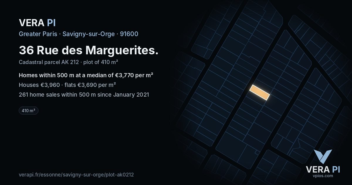 36 Rue des Marguerites, Savigny-sur-Orge at night – the plot lit, the parcels around coloured by the prices near them