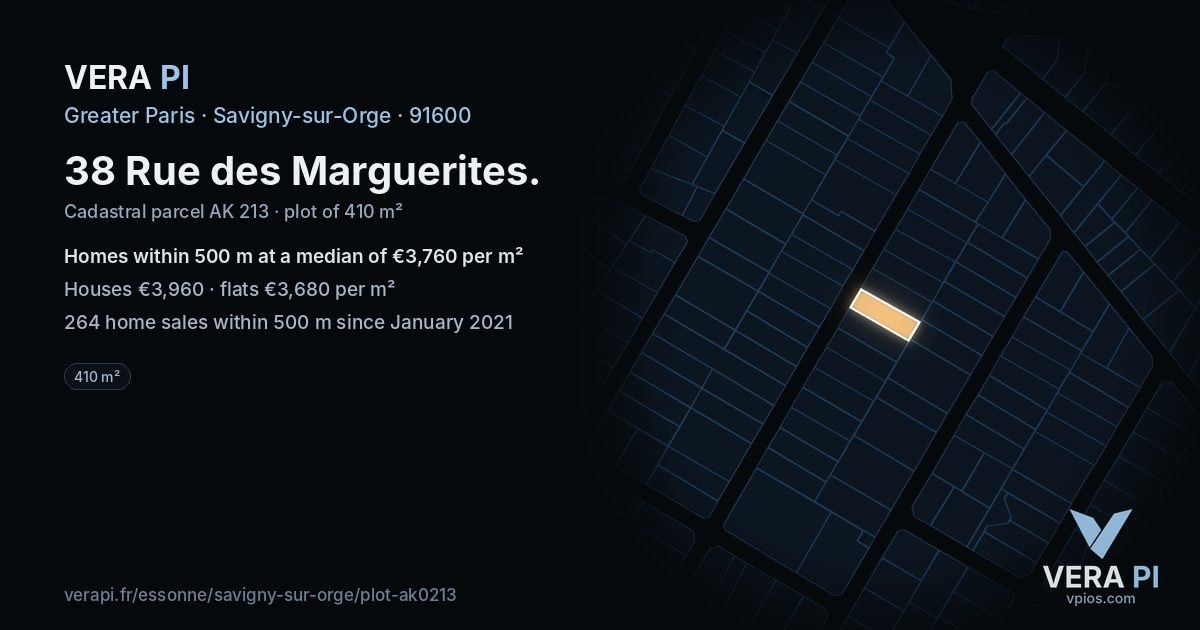 38 Rue des Marguerites, Savigny-sur-Orge at night – the plot lit, the parcels around coloured by the prices near them