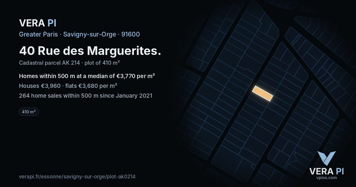 40 Rue des Marguerites, Savigny-sur-Orge at night – the plot lit, the parcels around coloured by the prices near them