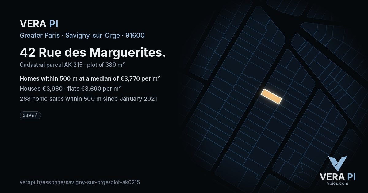 42 Rue des Marguerites, Savigny-sur-Orge at night – the plot lit, the parcels around coloured by the prices near them