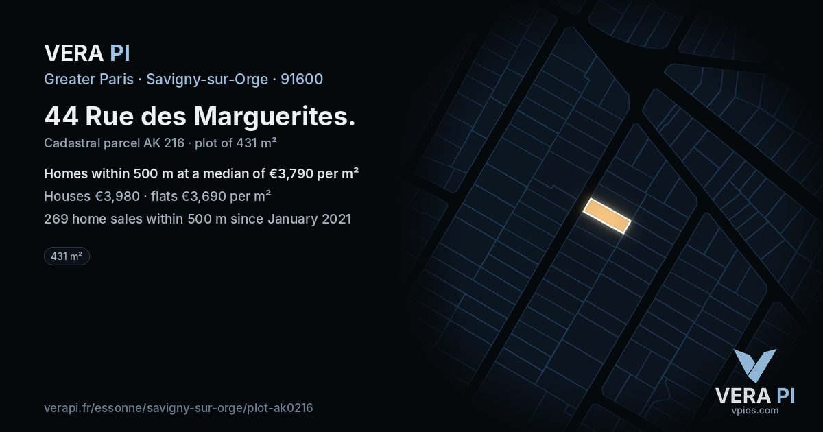 44 Rue des Marguerites, Savigny-sur-Orge at night – the plot lit, the parcels around coloured by the prices near them