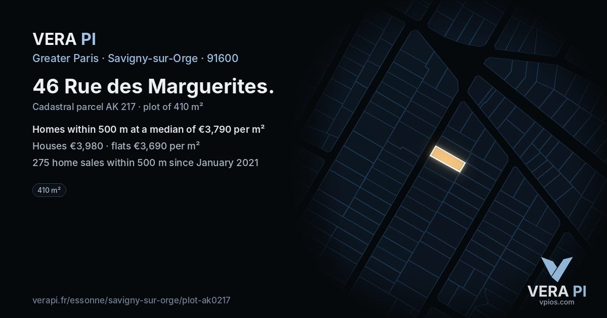 46 Rue des Marguerites, Savigny-sur-Orge at night – the plot lit, the parcels around coloured by the prices near them