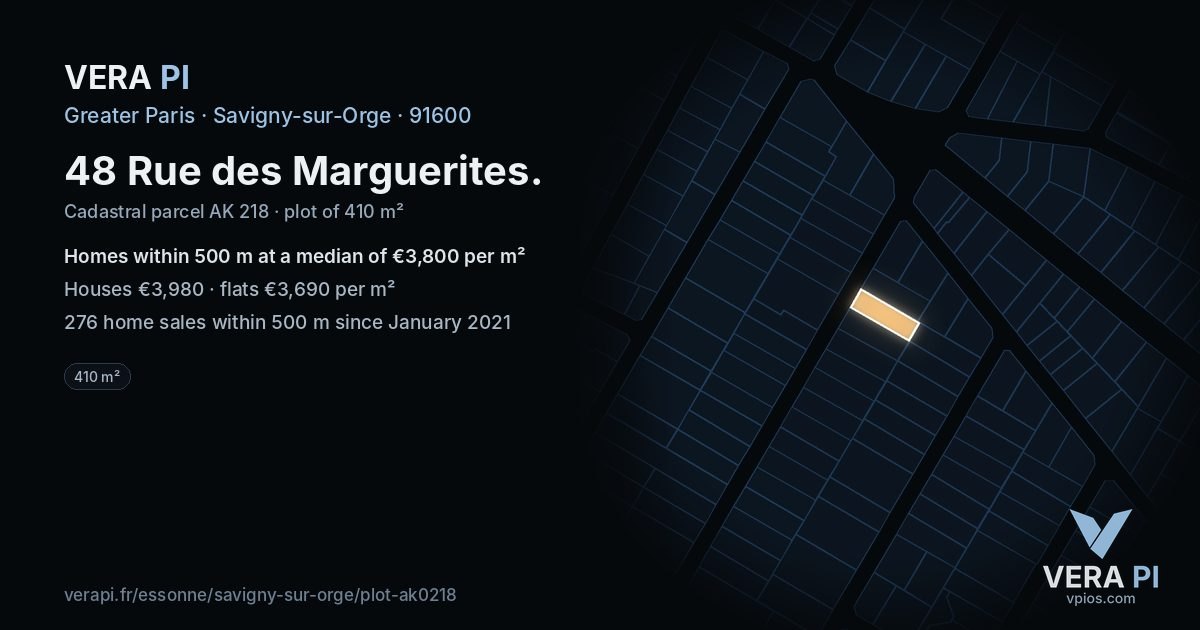 48 Rue des Marguerites, Savigny-sur-Orge at night – the plot lit, the parcels around coloured by the prices near them