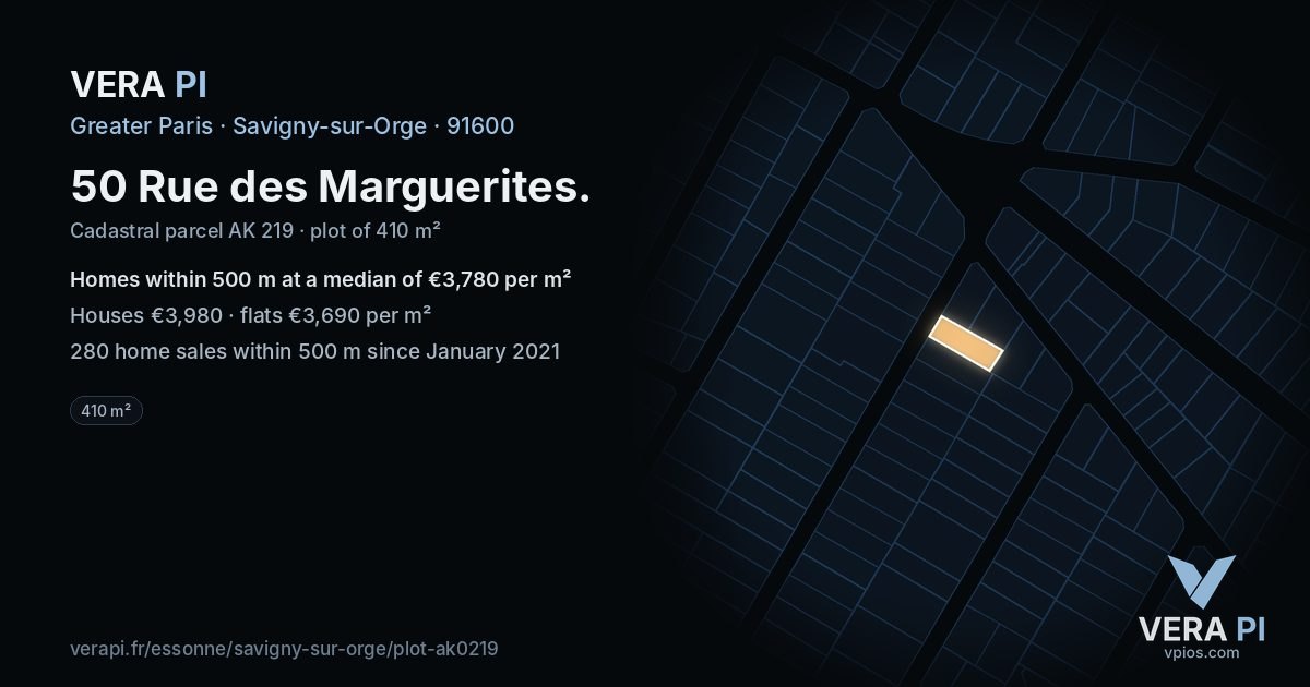 50 Rue des Marguerites, Savigny-sur-Orge at night – the plot lit, the parcels around coloured by the prices near them