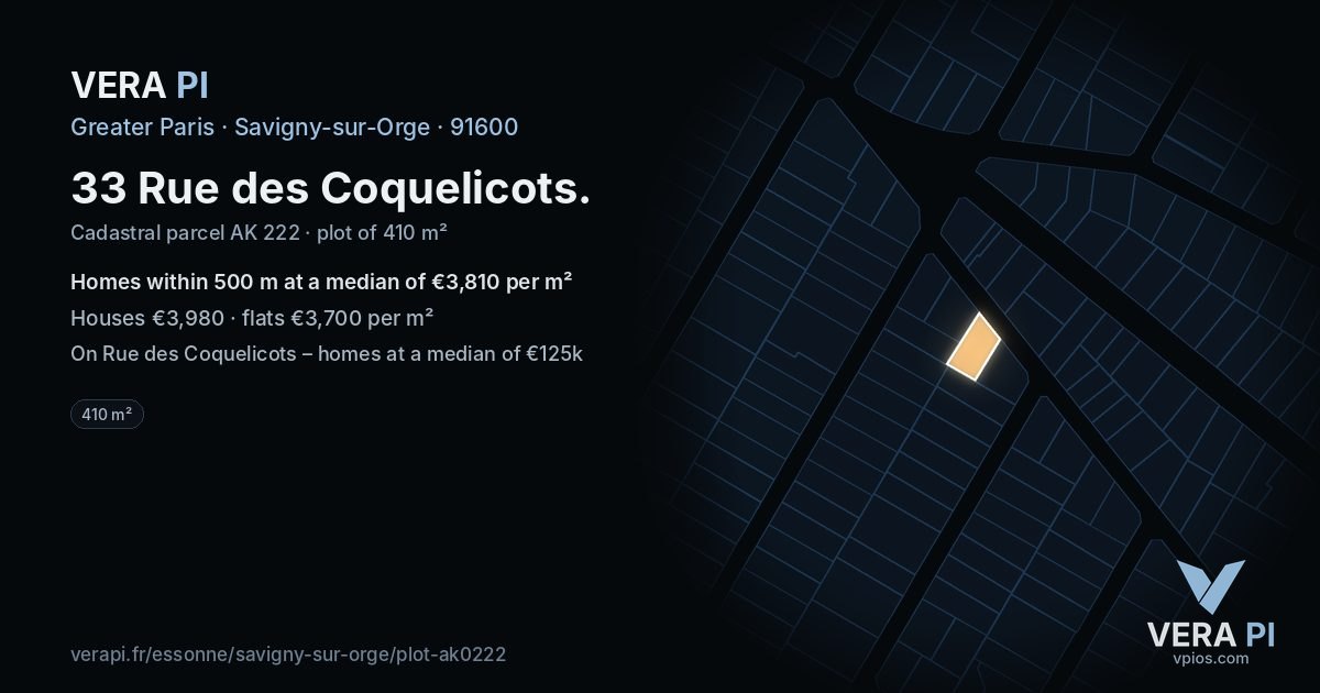 33 Rue des Coquelicots, Savigny-sur-Orge at night – the plot lit, the parcels around coloured by the prices near them