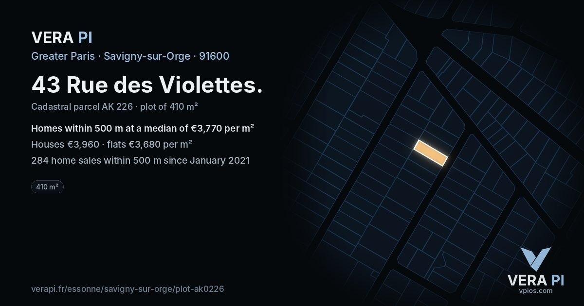 43 Rue des Violettes, Savigny-sur-Orge at night – the plot lit, the parcels around coloured by the prices near them