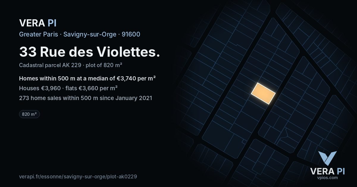 33 Rue des Violettes, Savigny-sur-Orge at night – the plot lit, the parcels around coloured by the prices near them