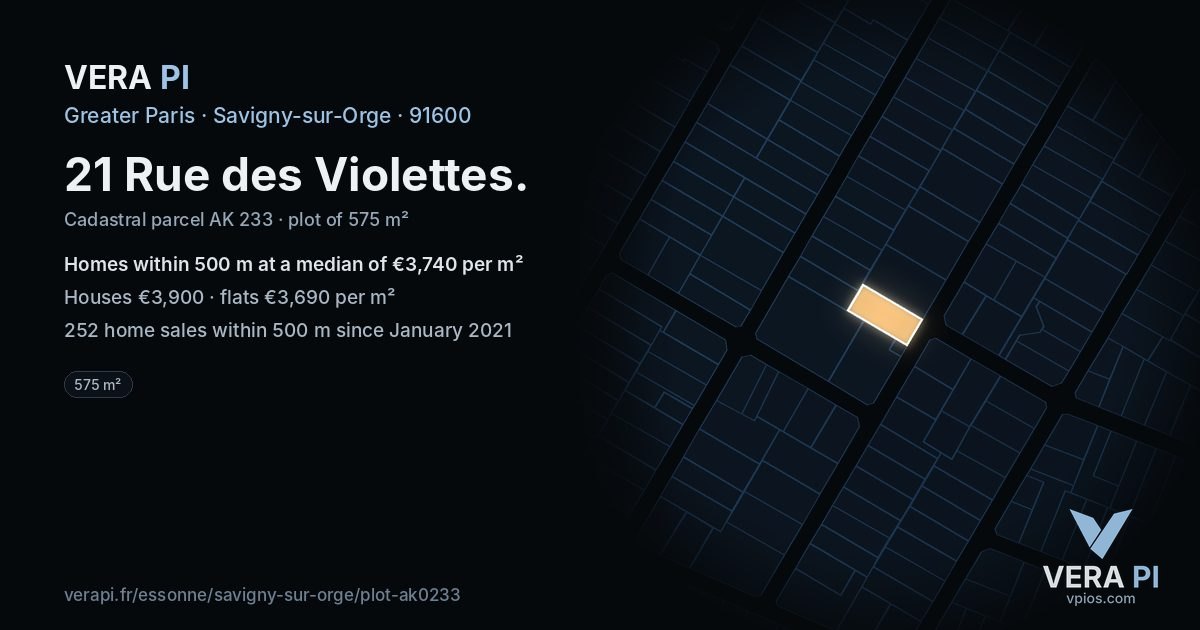 21 Rue des Violettes, Savigny-sur-Orge at night – the plot lit, the parcels around coloured by the prices near them